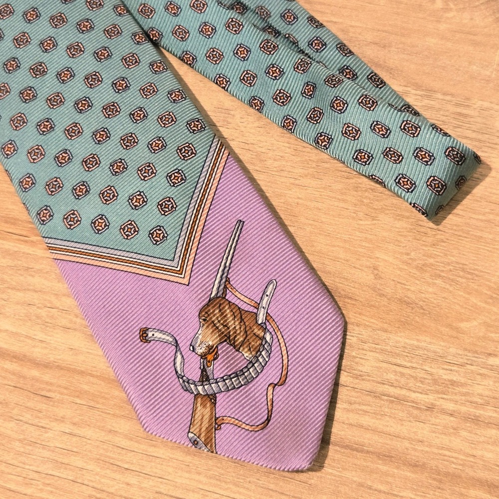 Vtg Polo Ralph Lauren Tie Men 3 x 55 lavender Green Hunting Dog Shotgun Silk USA